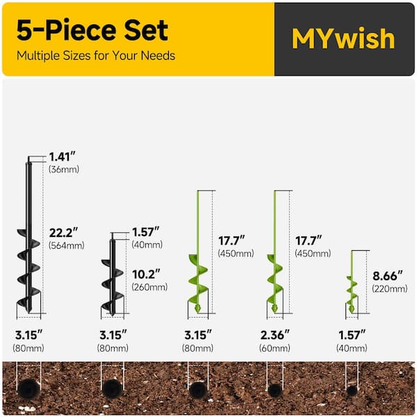 High-Carbon Steel Garden Earth Auger Drill Bit Set for Planting and Landscaping, 3/8 in. Hex Drive (5-Piece)