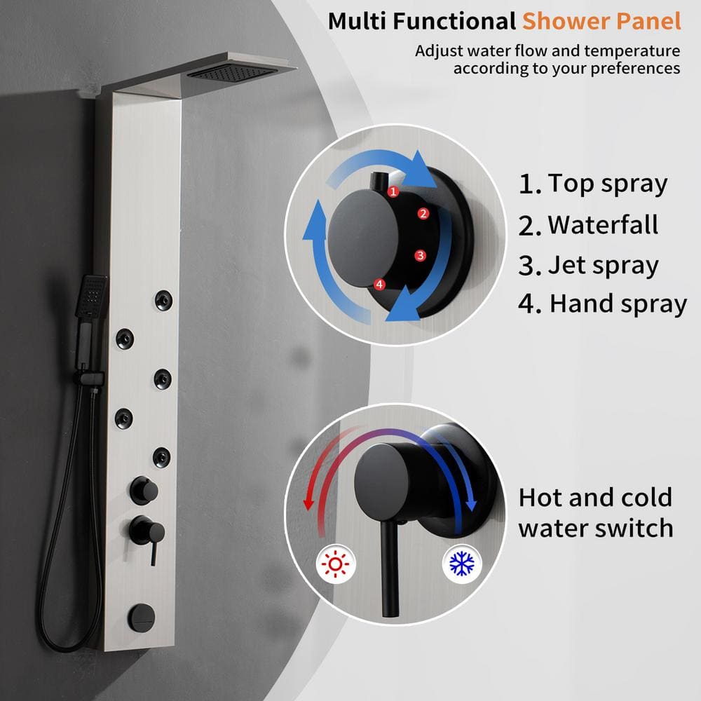 Brushed Nickel 4-Jet Rainfall Shower Panel System with Handheld Wand