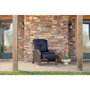Strathmere All-Weather Wicker Reclining Patio Lounge Chair with Navy Blue Cushion
