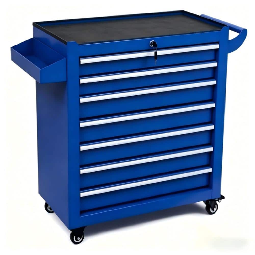Blue 7-Drawer Rolling Tool Cart with Foldable Side Tray Hooks, Heavy-Duty Lockable Tool Cabinet for Garage price history on PriceWatchPro