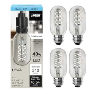 40-Watt Equivalent T14 Dimmable Spiral Filament Clear Glass E26 Vintage Edison LED Light Bulb, Daylight (4-Pack)