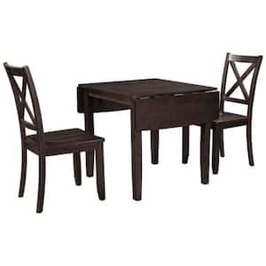 Espresso Dark Brown 3-Piece Wood Extendable Drop Leaf Table and Cross Back Chairs Ourdoor Dining Set Easy Assemble