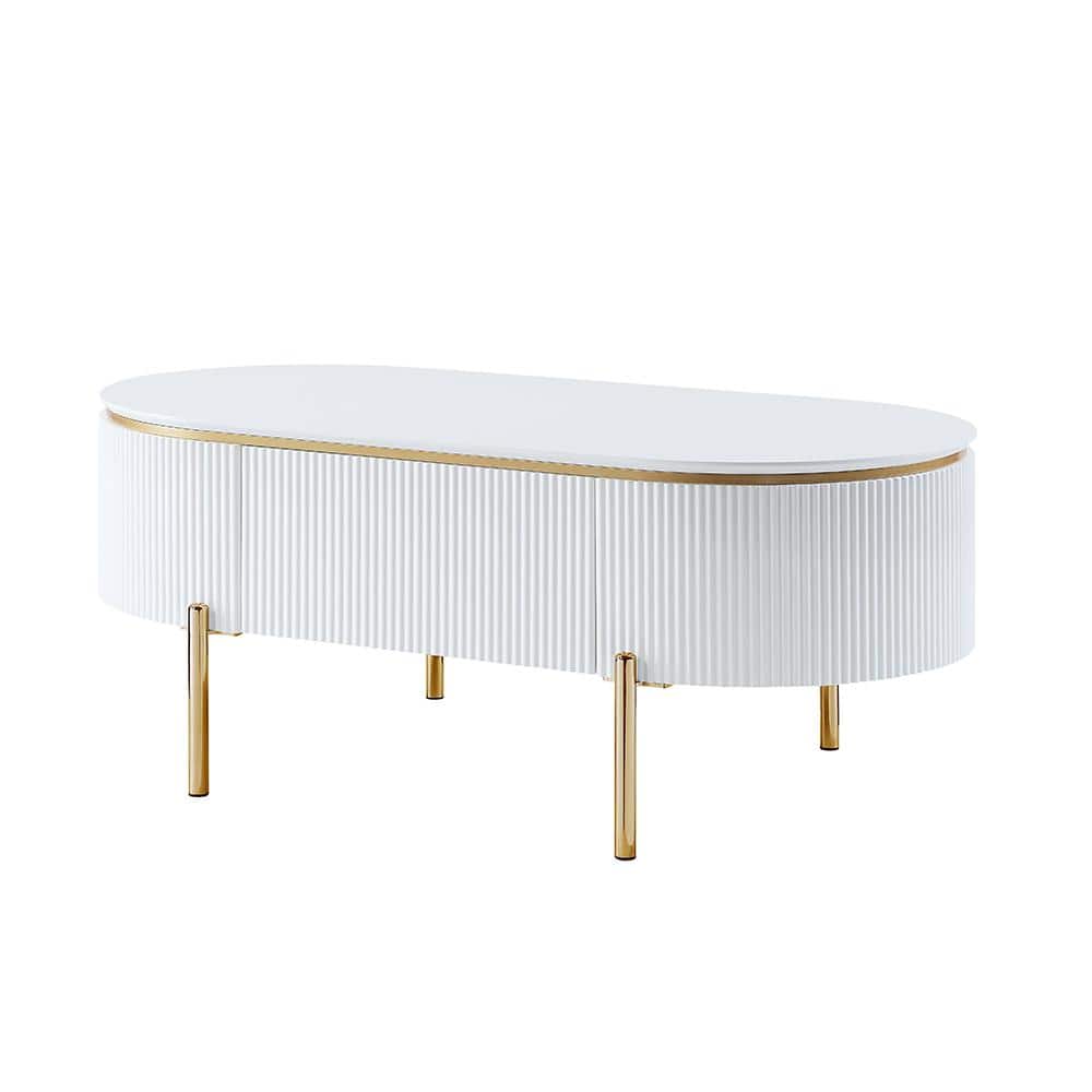 White and Gold Oval Wood Coffee Table with Metal Legs
