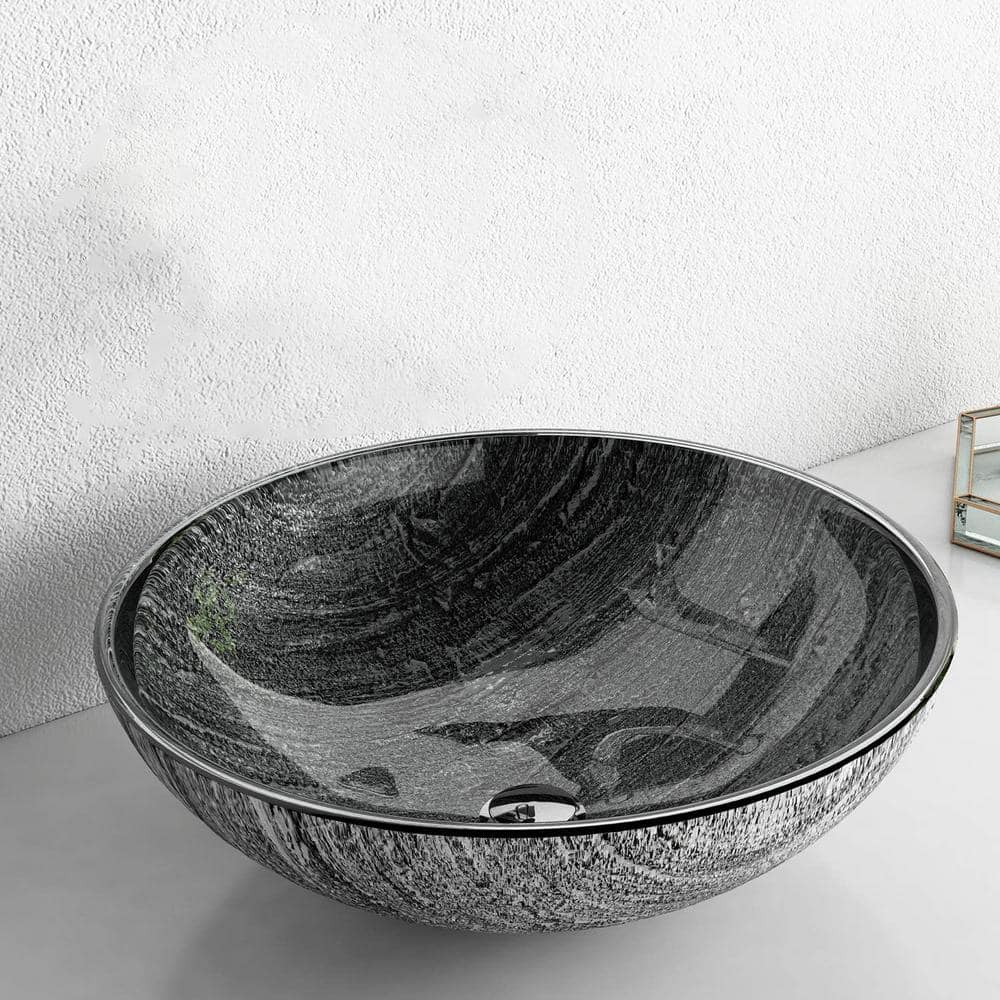 Artistic Gray Glass Round Vessel Sink with Pop-Up Drain