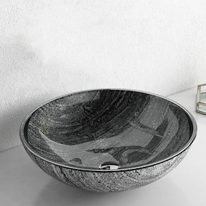 Artistic Gray Glass Round Vessel Sink with Pop-Up Drain