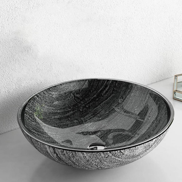 EPOWP Artistic Gray Glass Round Vessel Sink with Pop-Up Drain