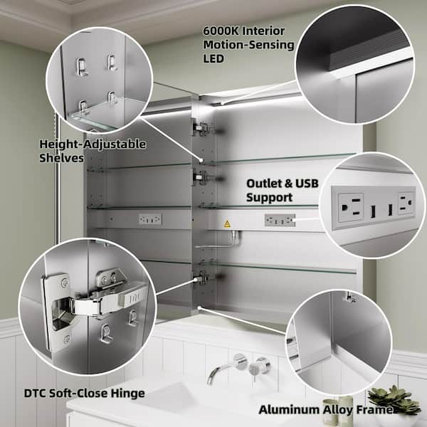 24 in. W x 30 in. H Rectangular Silver Aluminum Recessed/Surface Mount Left LED Medicine Cabinet with Mirror and Clock