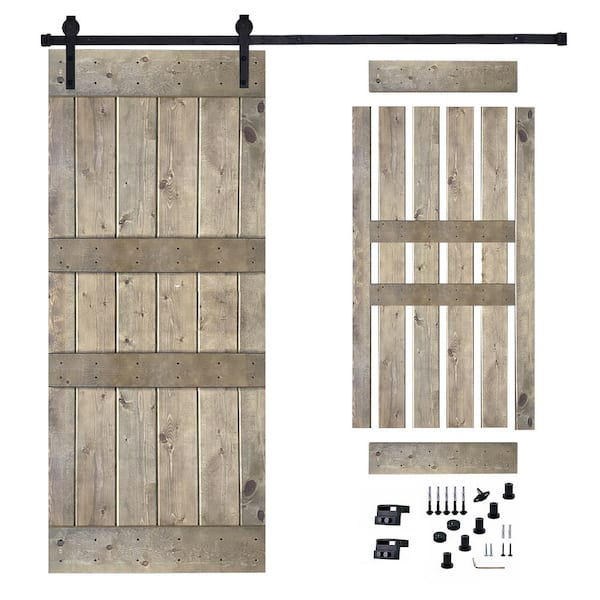 Akicon 36 in. x 84 in. Dark Walnut Painted Wood Sliding Door with Hardware Kit, Pre-Drilled Ready to Assemble