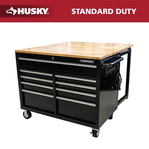 Tool Storage 46 in. W x 51 in. D Standard Duty Black Mobile Workbench Cabinet with Solid Top Full Length Extension Table