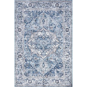 Joslyn Blue 10 ft. x 14 ft. Traditional Floral Machine Washable Area Rug