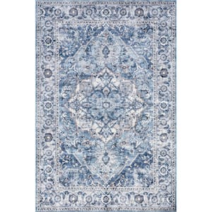 Joslyn Traditional Floral Machine Washable Blue 7 ft. x 9 ft. Area Rug