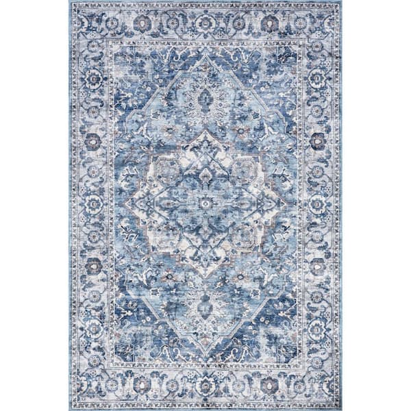 nuLOOM Joslyn Blue 9 ft. x 12 ft. Traditional Floral Machine Washable Area Rug