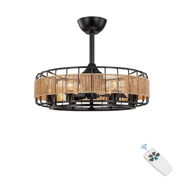 C Cattleya 23 in. 6-Light Indoor/Outdoor Black Ceiling Fan with Paper Rope Shade and Remote Control