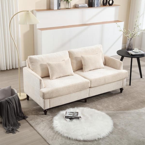 Clihome 63 in. Square Arm Fabric Rectangle Mid Century Modern Chenille Loveseat Sofa 2-Seat Upholstered in White Chenille