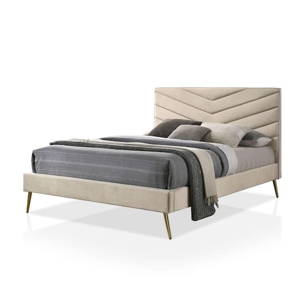 Furniture of America Stateridge Beige Polyester Twin Platform Bed with Chevron Padded Headboard and Care Kit