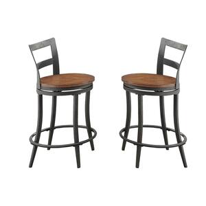 35 in. Gray and Brown Wooden and Metal Counter Height Swivel Chair (Set of 2)