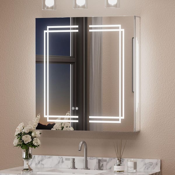 KeonJinn 30 in. W x 32 in. H Rectangular Aluminum Surface Mount LED Medicine Cabinet with Mirror and Lighted, Defogger