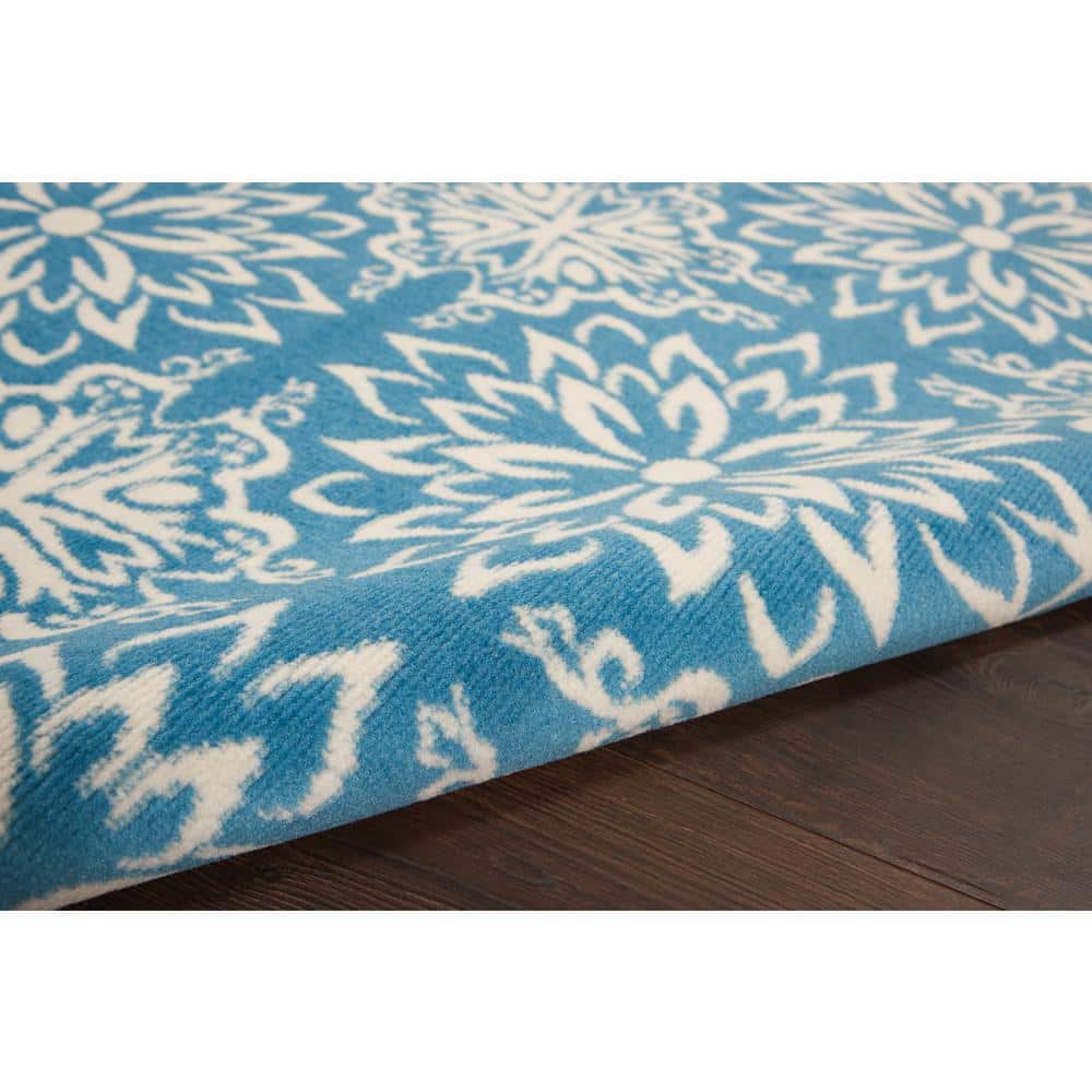 Handmade Floral Ivory & Blue Round Synthetic Area Rug, 5'3" x 7'3"