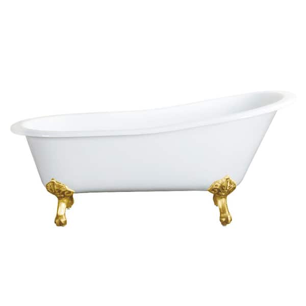 Tazatina 56.9 in. x 30.5 in. Cast Iron Oval Clawfoot Soaking Bathtub in White/Brushed Brass