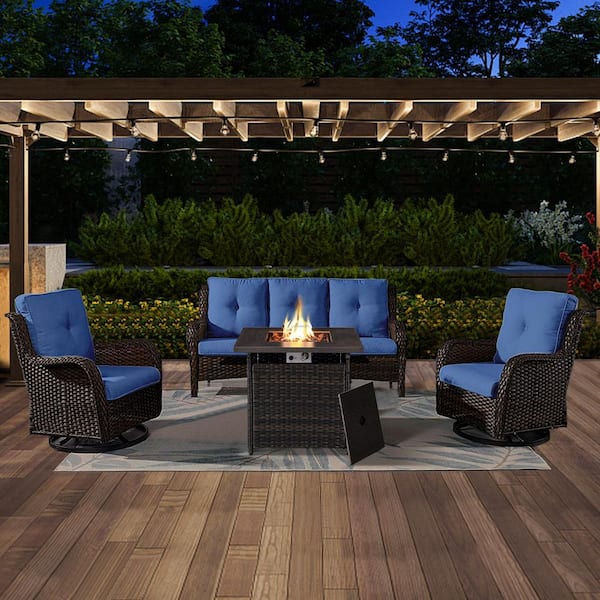 4-Piece Brown Wicker Patio Conversation Set, Sofa, Outdoor Swivel Chairs and Fire Pit Table with Blue Cushions