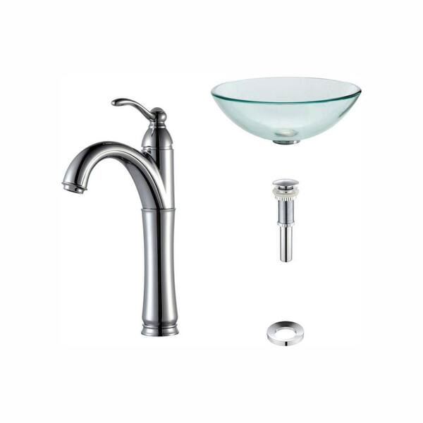 KRAUS Glass Vessel Sink in Clear with Riviera Faucet in Chrome