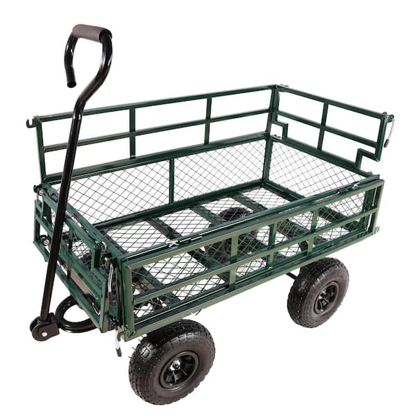 JimsMaison 6.33 cu. ft. Green Metal Garden Cart with Double Fence and Inflatable Tires