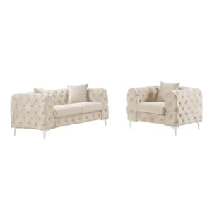 Modern Contemporary 2 Piece Accent Chair and Loveseat with Deep Button Tufting Dutch Velvet Top in Beige