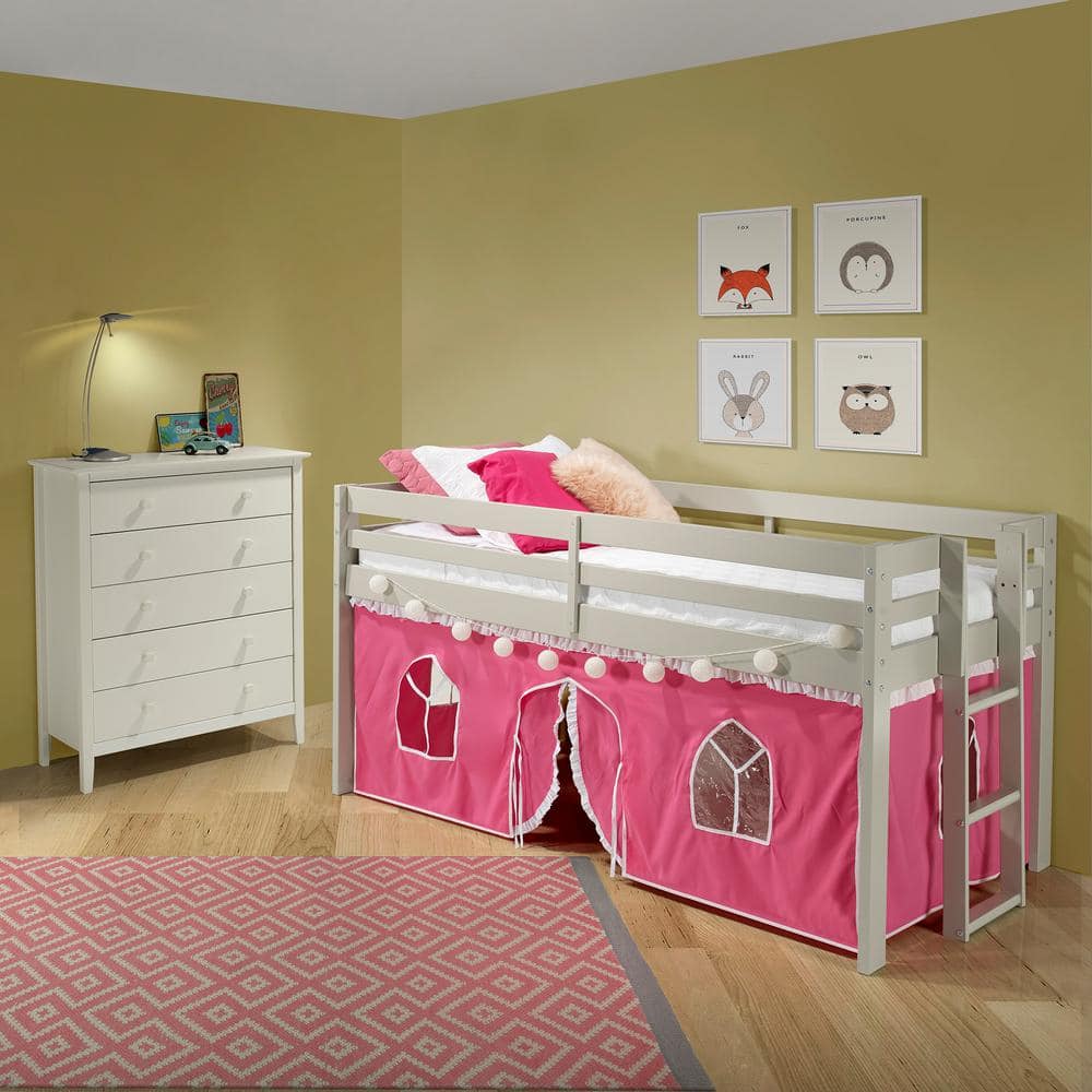 White Twin Pine Loft Bed with Pink Playhouse Tent