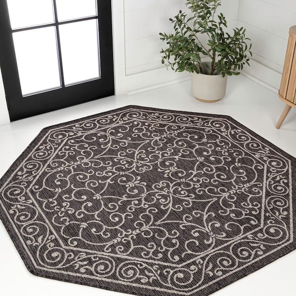 Charleston Vintage Filigree Textured Weave Black/Gray 8 ft. Octagon Indoor/Outdoor Area Rug