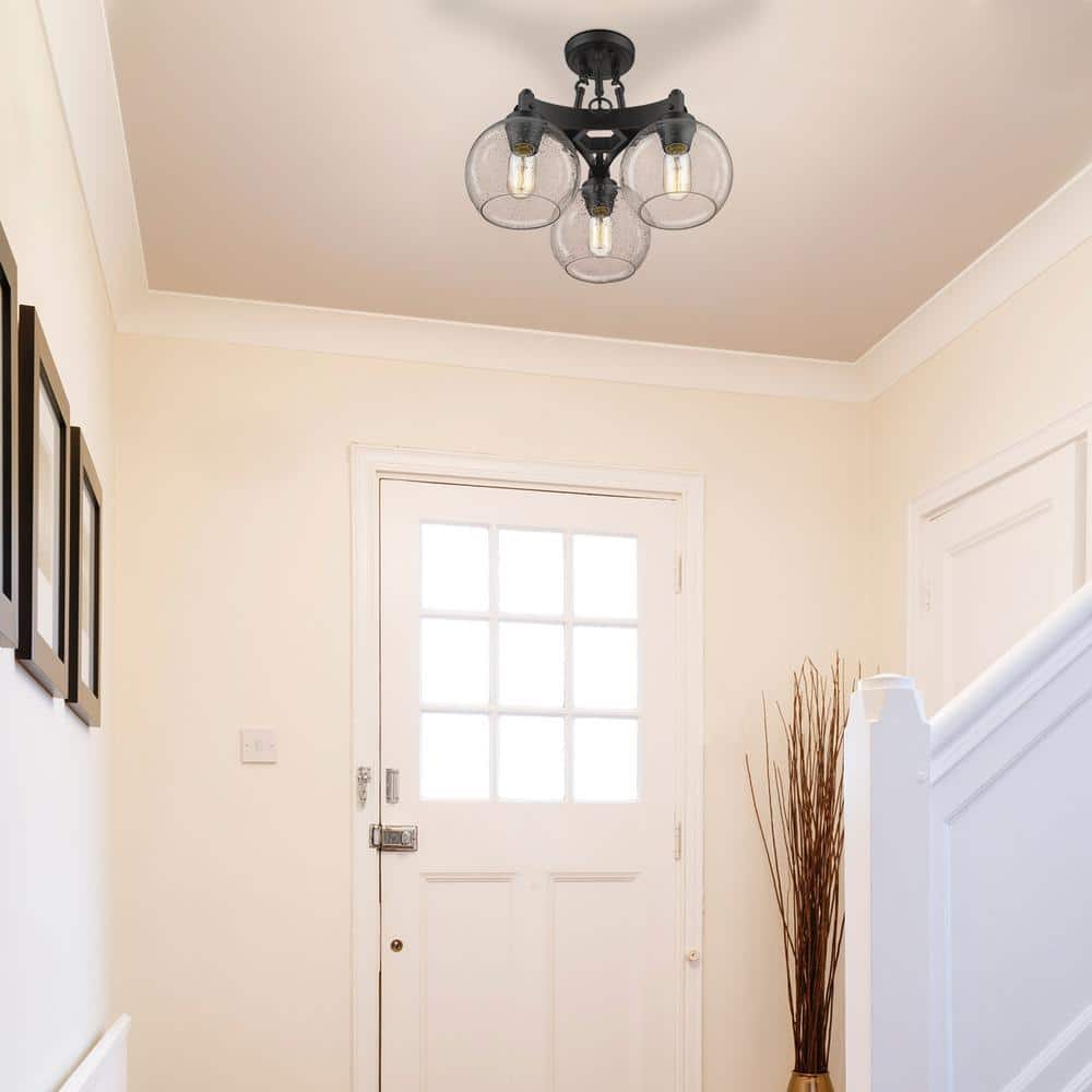 Rustic Bronze Semi-Flush Mount Light with Seeded Glass
