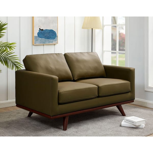 Chester 58 in. Wide Leather Loveseat Sofa with Removable Cushions 2-Seater Chair with Birch Wood Legs in Green