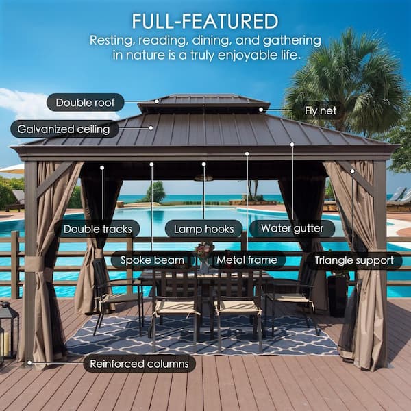 Alexander 10ft.D x 9ft.H x 12ft.W Aluminum Hardtop Gazebo with Galvanized  Steel Roof, Mosquito Net and Privacy Sidewall