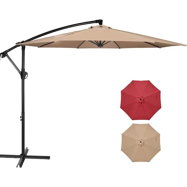 JimsMaison 10 ft. Iron Market Umbrella in Tan with Crank and Cross Base
