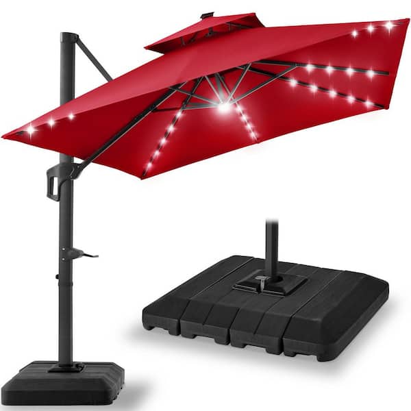 10 ft. Solar LED 2-Tier Square Cantilever Patio Umbrella with Base Included in Red