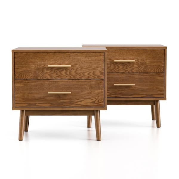 Riverstone Walnut 2-Drawer 23 in. W Nightstands with Round Tapered Legs and Champagne Bar Pulls (Set-2)