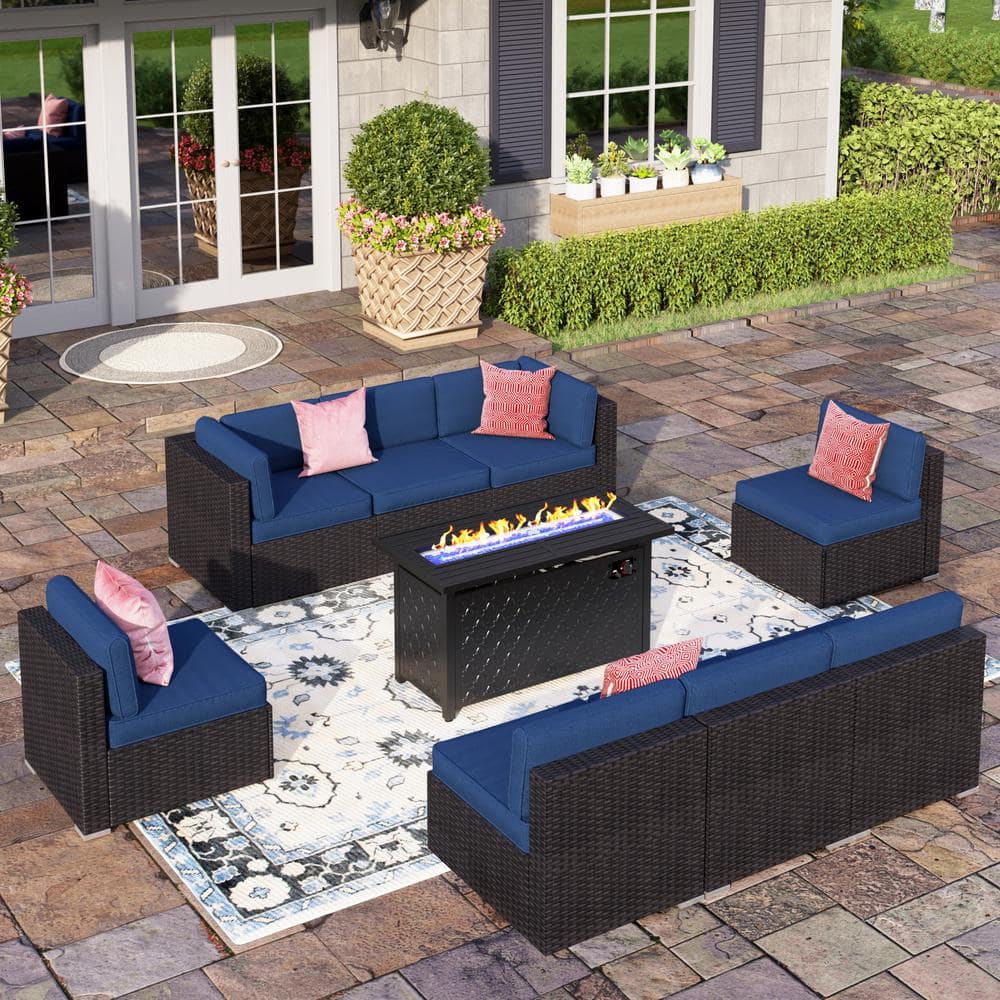 PHI VILLA Dark Brown Rattan Wicker 8 Seat 9-Piece Steel Outdoor Fire ...