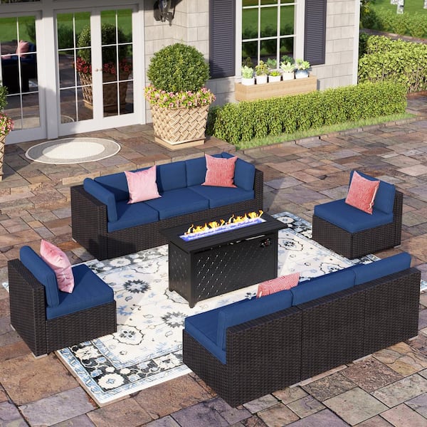 PHI VILLA Dark Brown Rattan Wicker 8 Seat 9-Piece Steel Outdoor Fire ...