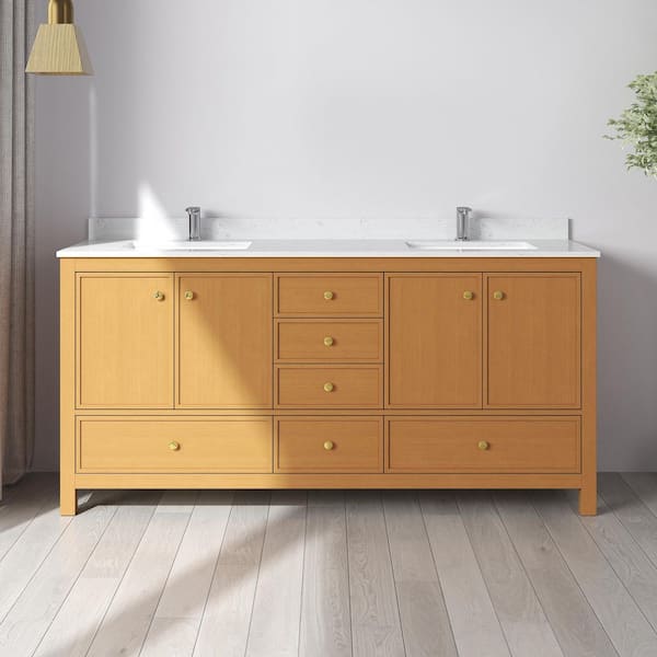 Origo 72 in. W x 22 in. D x 35 in. H Double Sink Freestanding Bath Vanity in Brown Oak w/ Calacatta Cultured Marble Top