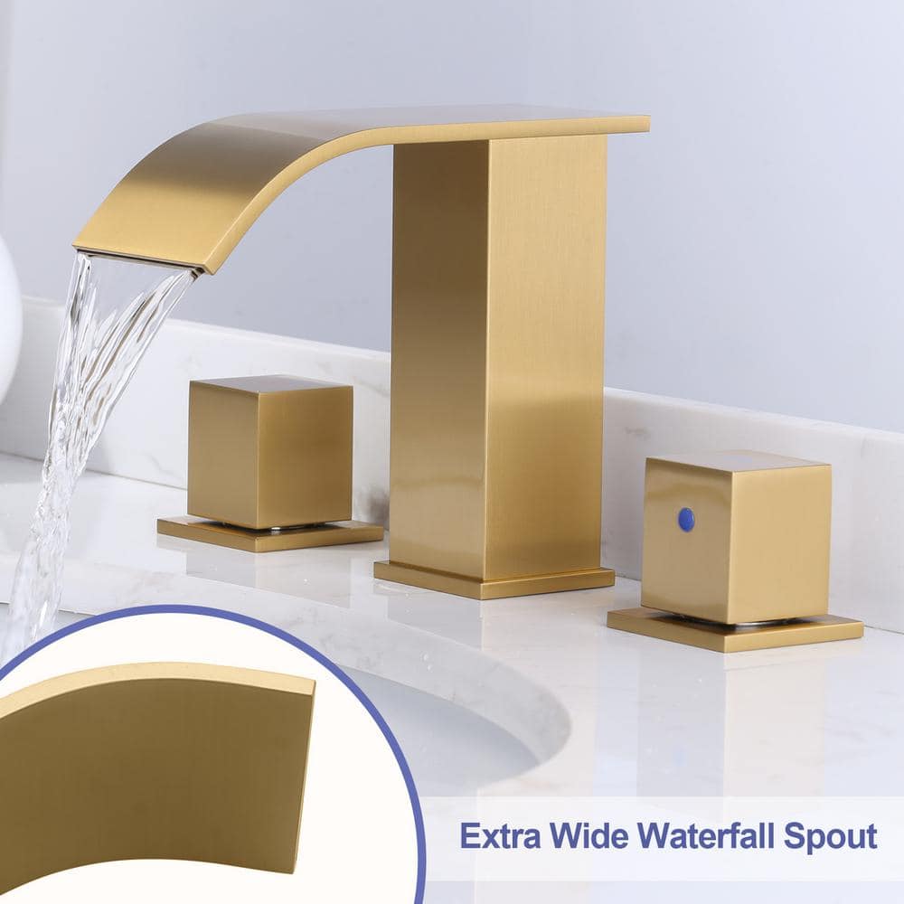 Brushed Gold 8-Inch Widespread Double Handle Waterfall Faucet