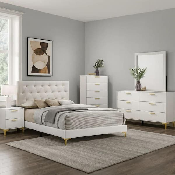 white and gold dresser set Dle 5 Piece Queen Bedroom Set-White Faux Leather-Modern Accents diy white and gold dresser