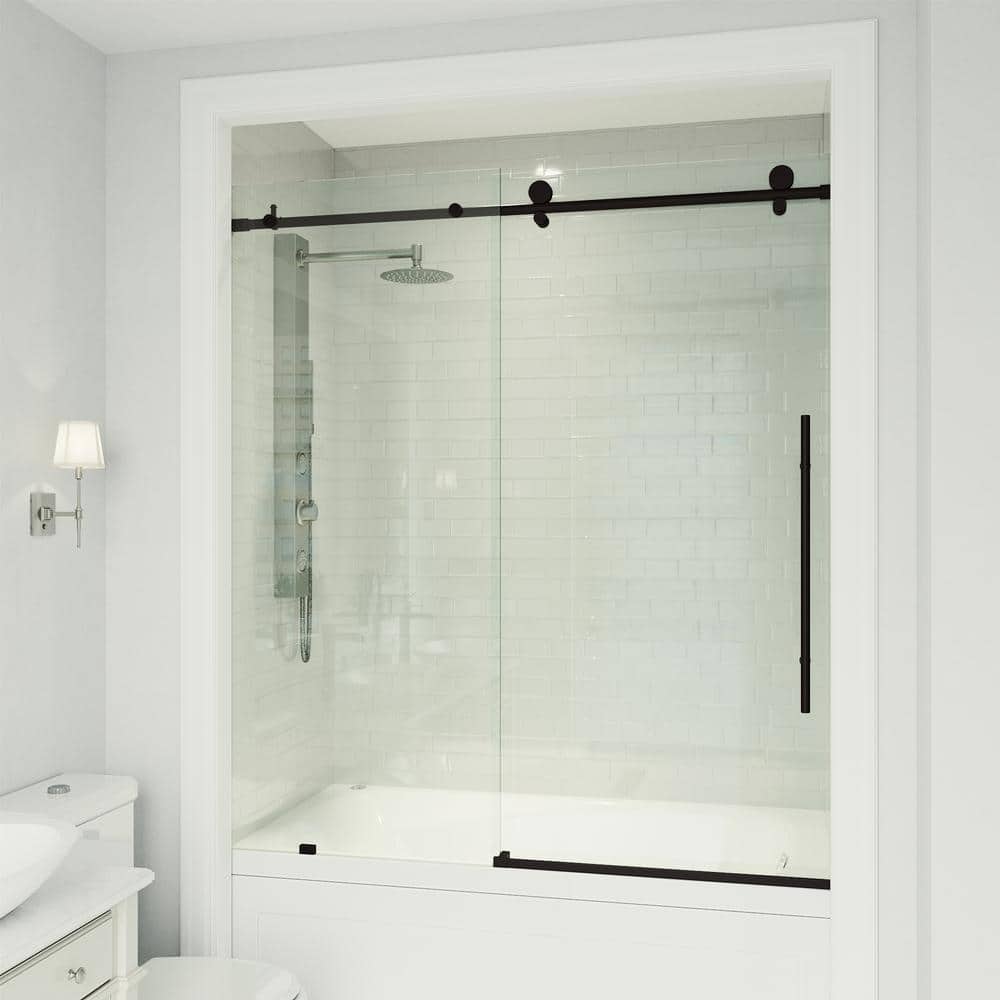 Matte Black Frameless Sliding Tub Door with Clear Glass