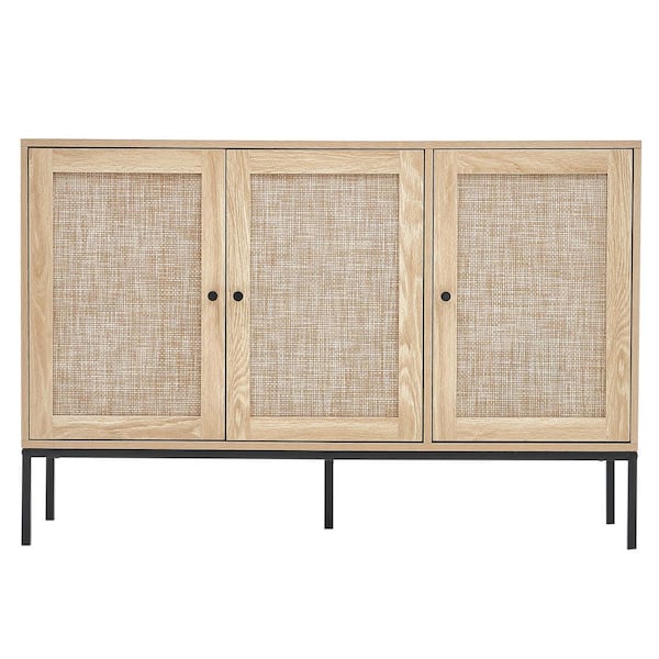 Rattan Cabinet, Rattan Storage Cabinet with 3 Magnetic Doors and Adjustable Shelves, Sideboard Cabinet Natural Wood
