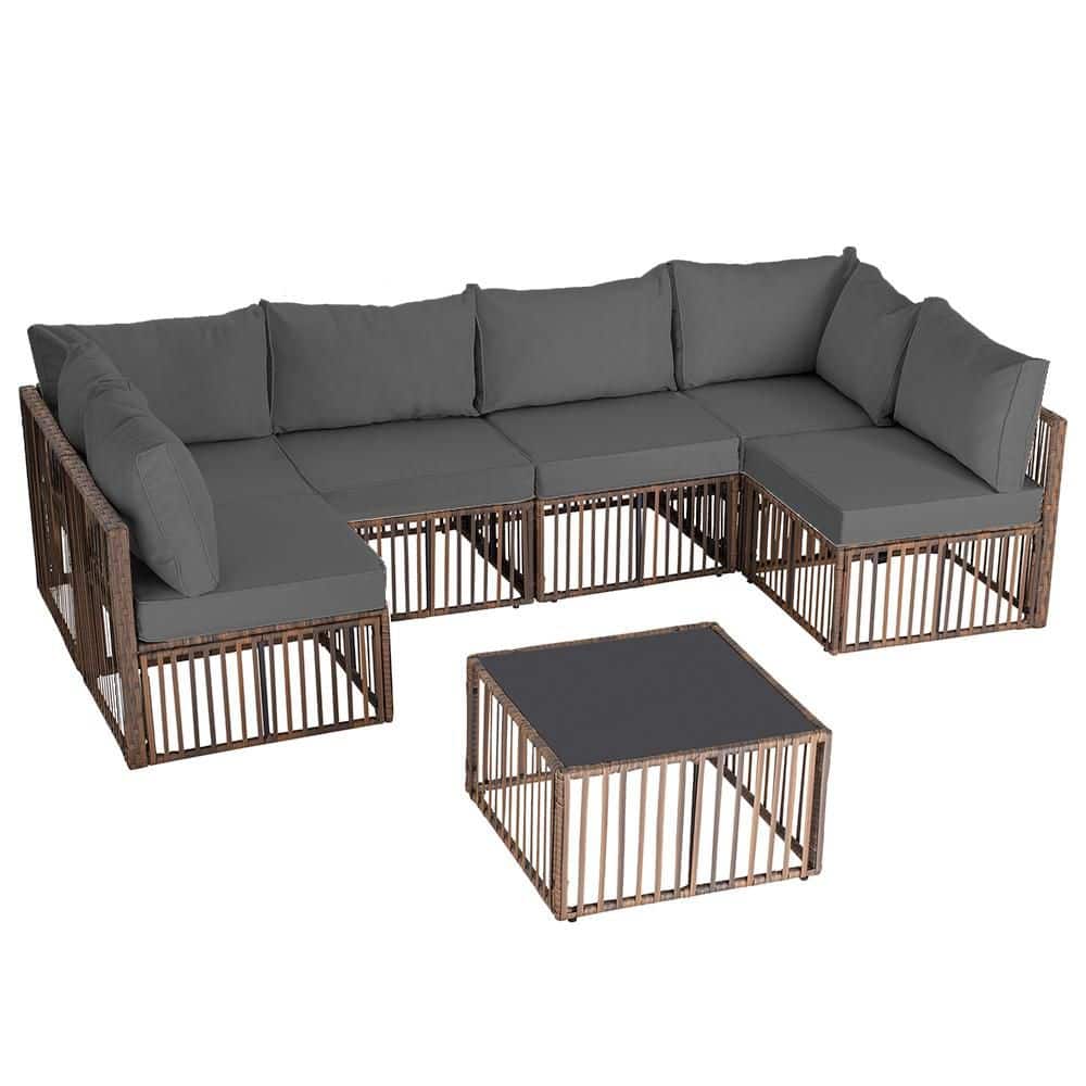 7-Piece Brown Wicker Outdoor Sofa Sectional Set Patio Conversation Set with Gray Cushions, Adjustable Backrests price history on PriceWatchPro