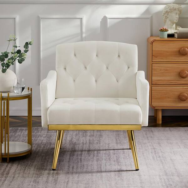 Unbranded Cream White Velvet Upholstered Button Tufted Arm Chair with 2 Handy Pockets Gold Metal Legs