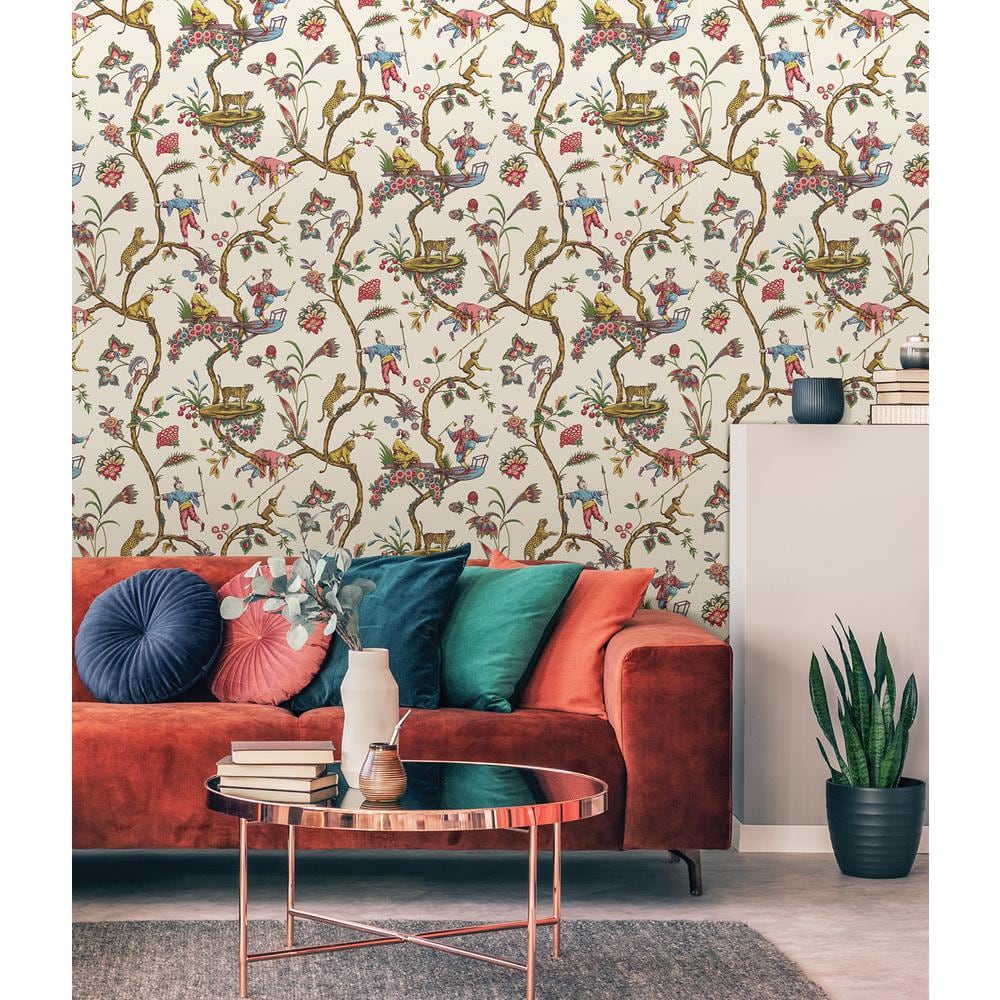 White Chinoise Exotique Multicolor Self-Adhesive Vinyl Wallpaper