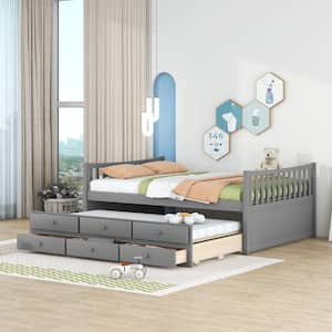 Gray Full Captain's Bed with Trundle Bed, Wood Storage DayBed with 3 Storage Drawers for Kids Teens and Adults