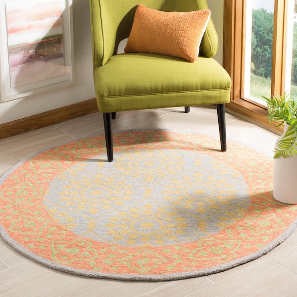 Suzani 5 ft. x 5 ft. Orange/Silver Border Trellis Floral Round Area Rug