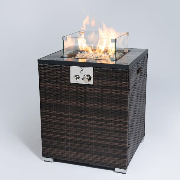 24 in. Espresso Wicker and Tile Top Square Outdoor Fire Pit Table with Wind Shield, 50,000 BTU