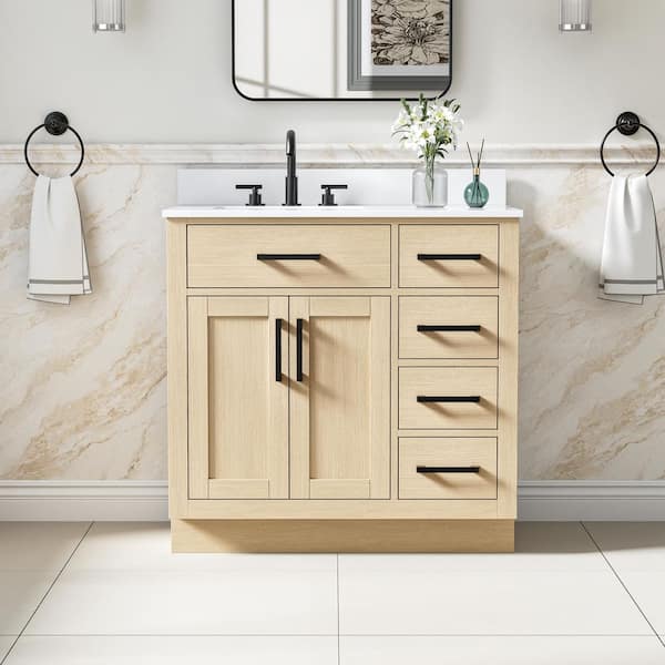 36 in. Freestanding Solid Wood Oak Bath Vanity with White Cultured Marble Top Assembled