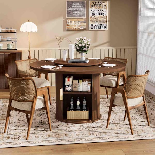 Walnut Wood 55.1 in. Pedestal Base Dining Table Seats 6 with Double-tiered Storage Rack and a Rotating Tabletop Tray